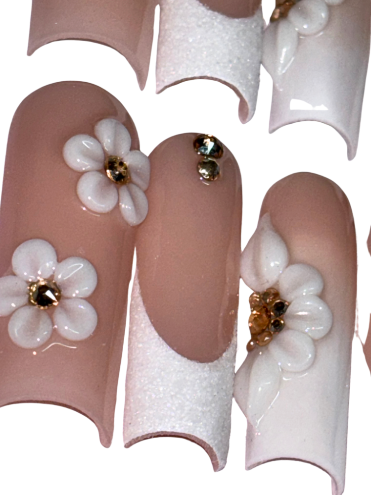 white glitter bling flower press on nails