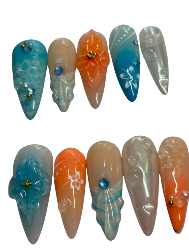 orange blue summer press on nails