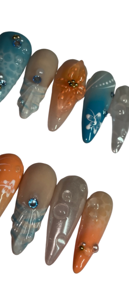 orange blue summer press on nails