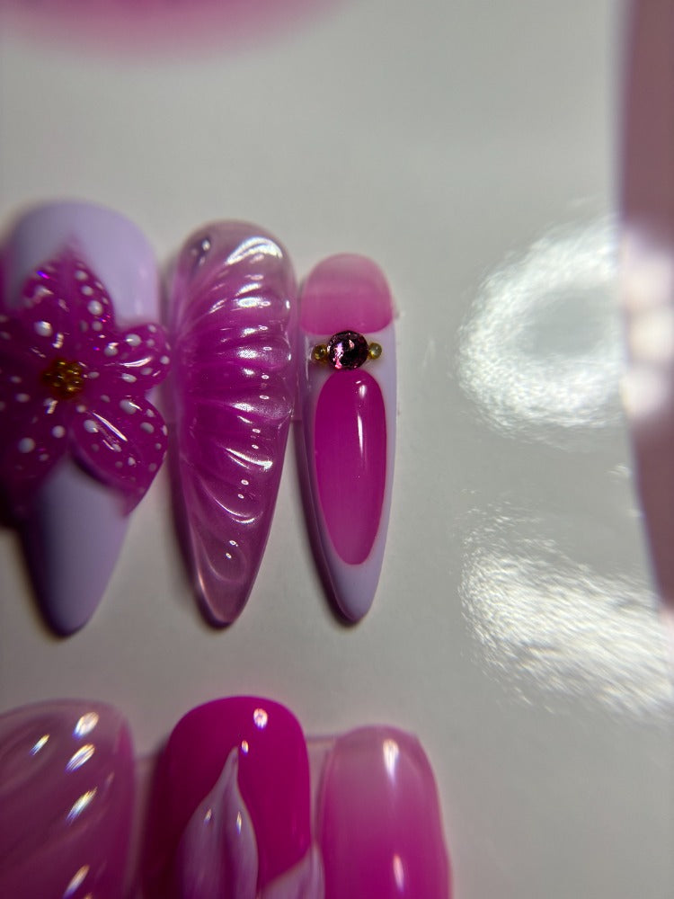pink lilac 3d flower press on nails