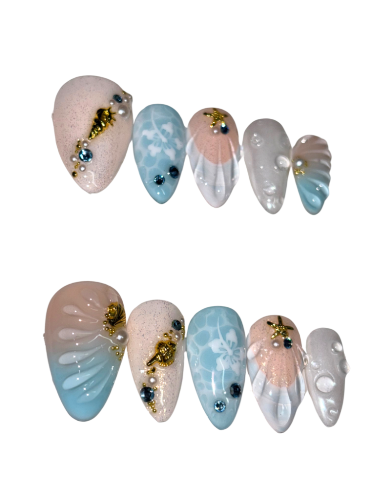 light blue seashell summer press on nails