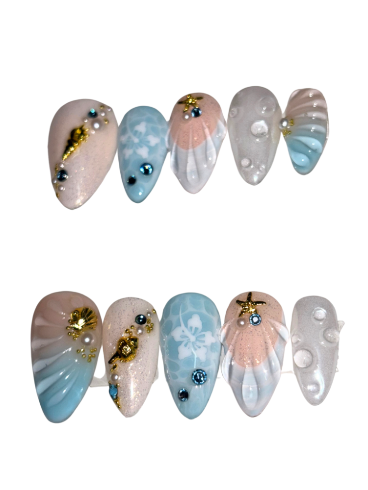 light blue seashell summer press on nails