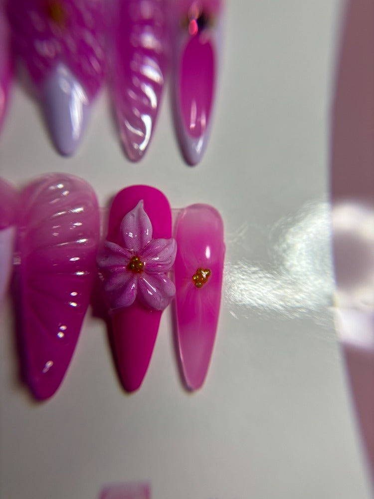 pink lilac 3d flower press on nails