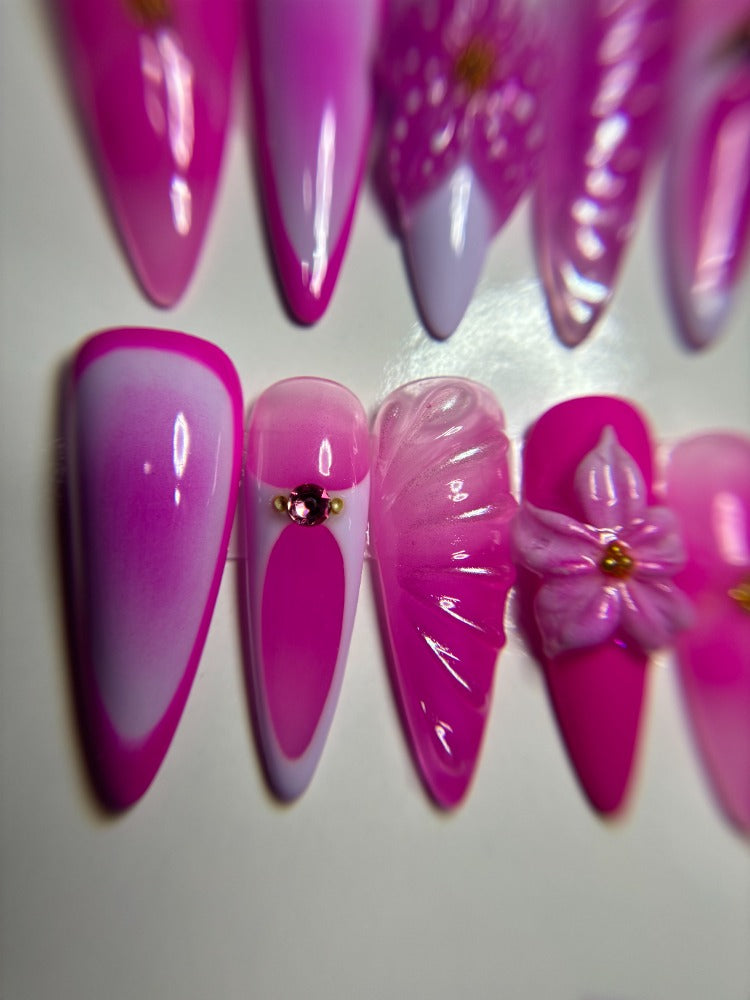 pink lilac 3d flower press on nails