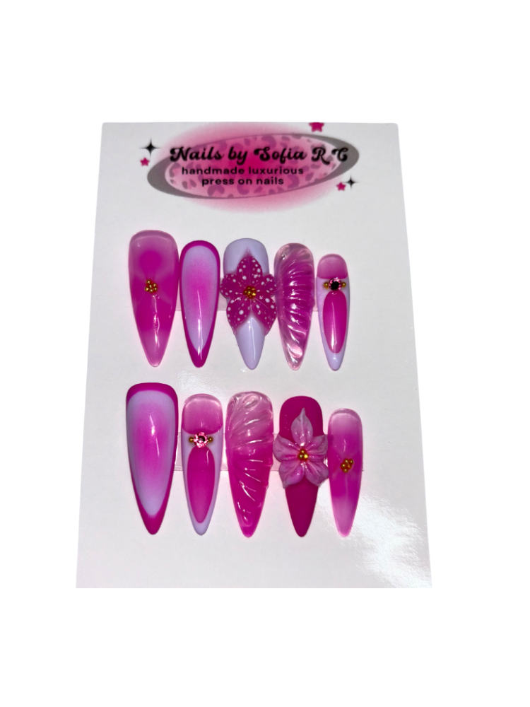 pink lilac 3d flower press on nails