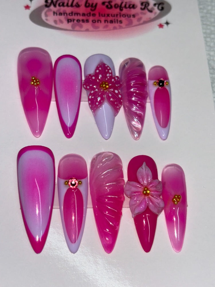 pink lilac 3d flower press on nails