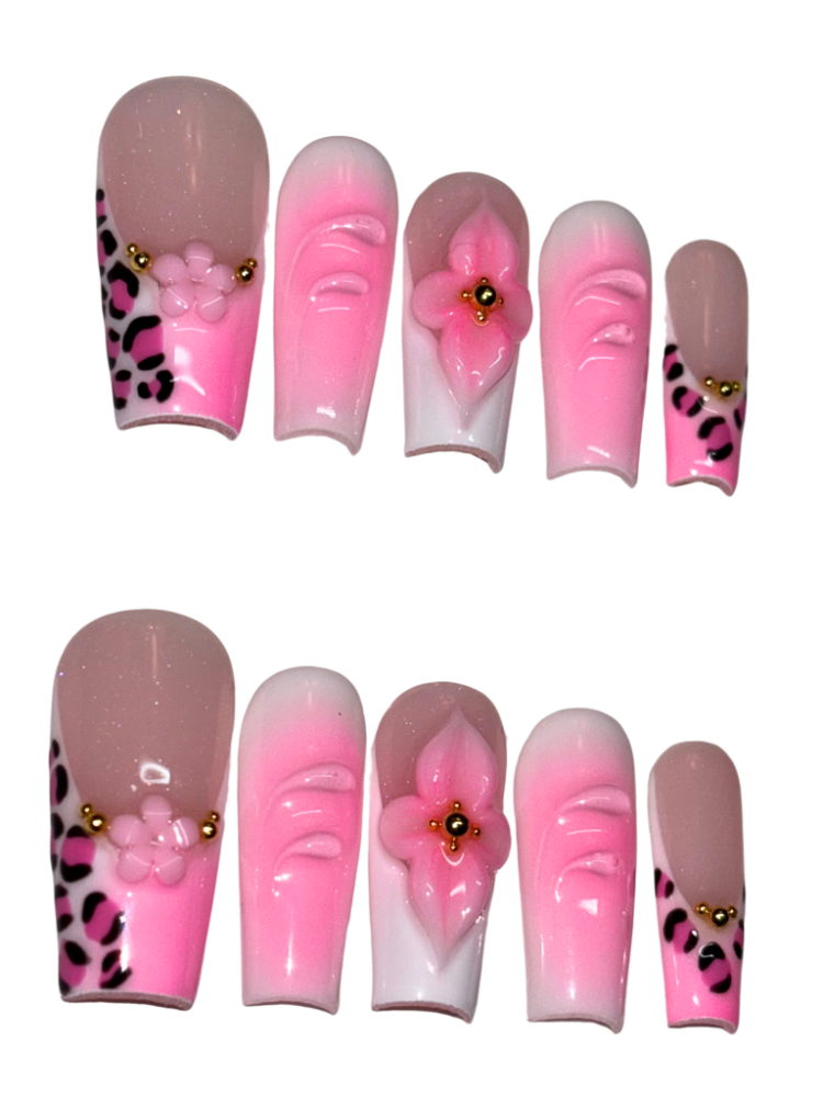pink summer flower press on nails