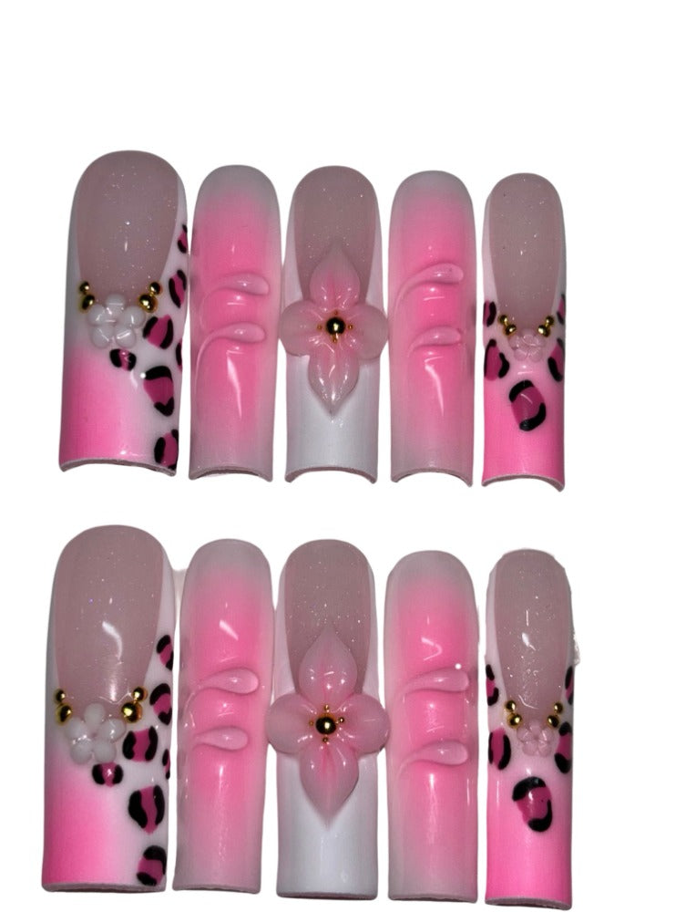 pink summer flower press on nails