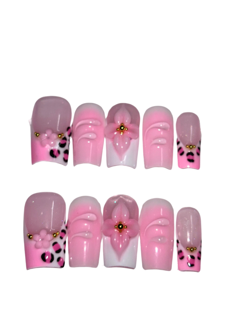 pink summer flower press on nails