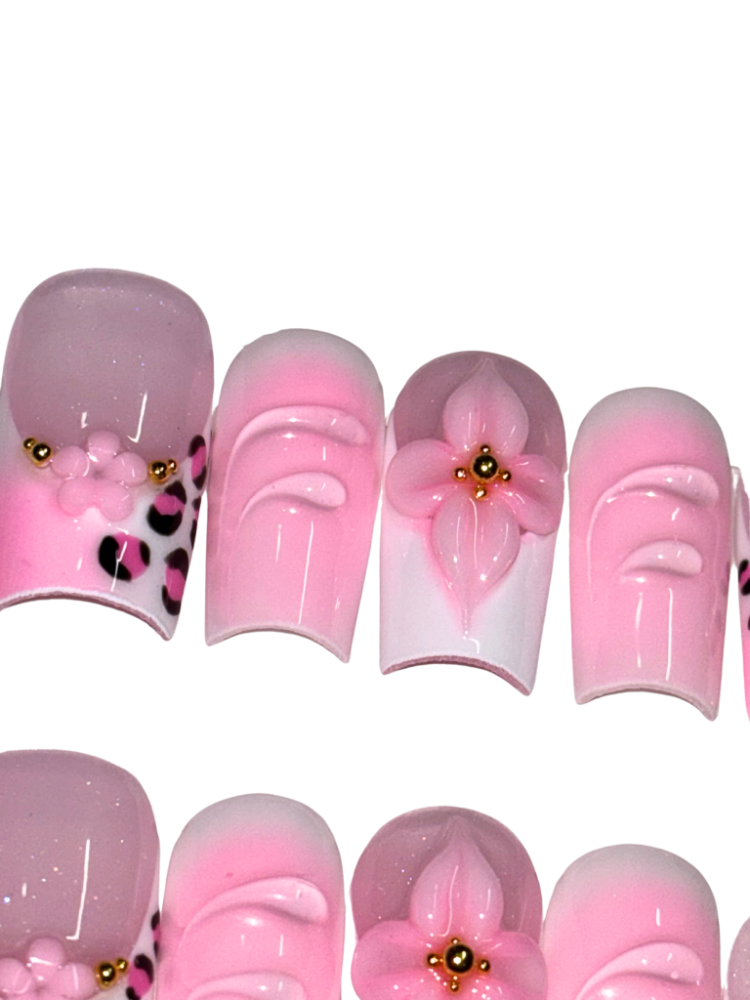 pink summer flower press on nails