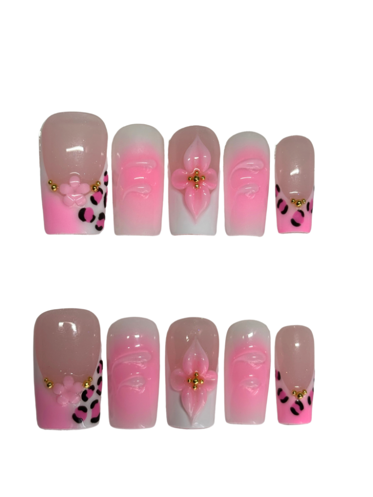 pink summer flower press on nails