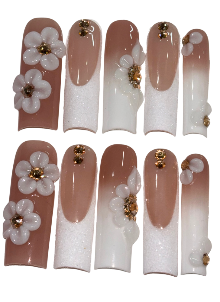 white glitter bling flower press on nails