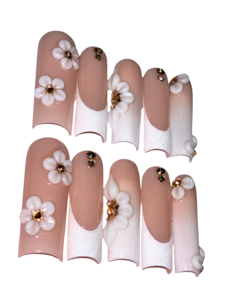 white glitter bling flower press on nails