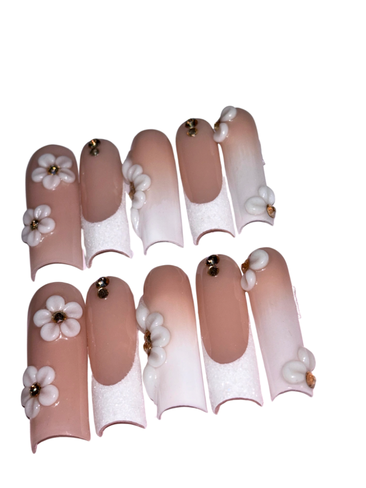 white glitter bling flower press on nails
