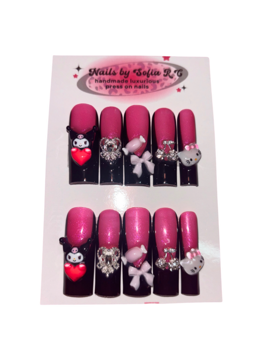 black french tip charm press on nails
