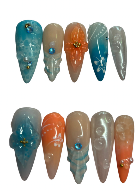 orange blue summer press on nails