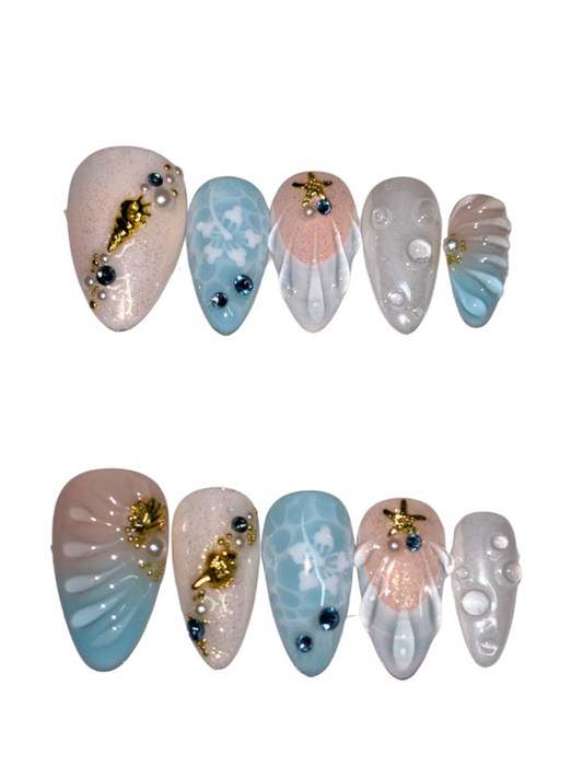light blue seashell summer press on nails