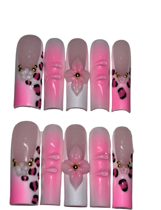 pink summer flower press on nails