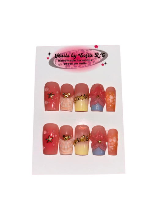 beachy summer flower press on nails
