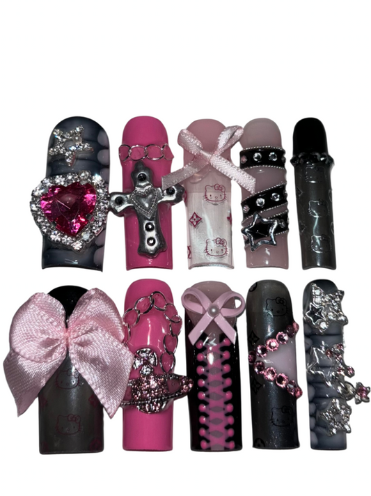 black pink Y2K junk press on nails